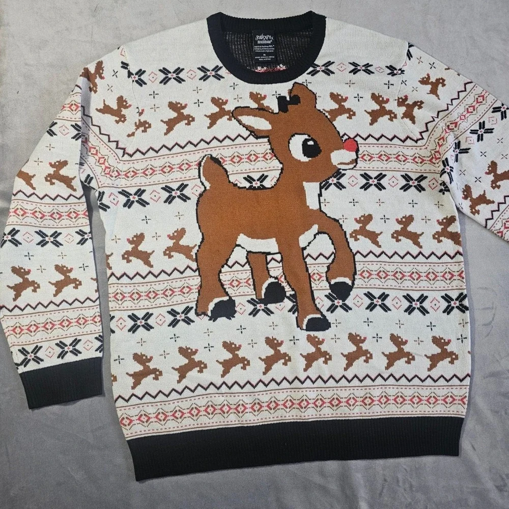 Rudolph the Red-Nosed Reindeer Mens XL‎ Sweater Fair Isle White